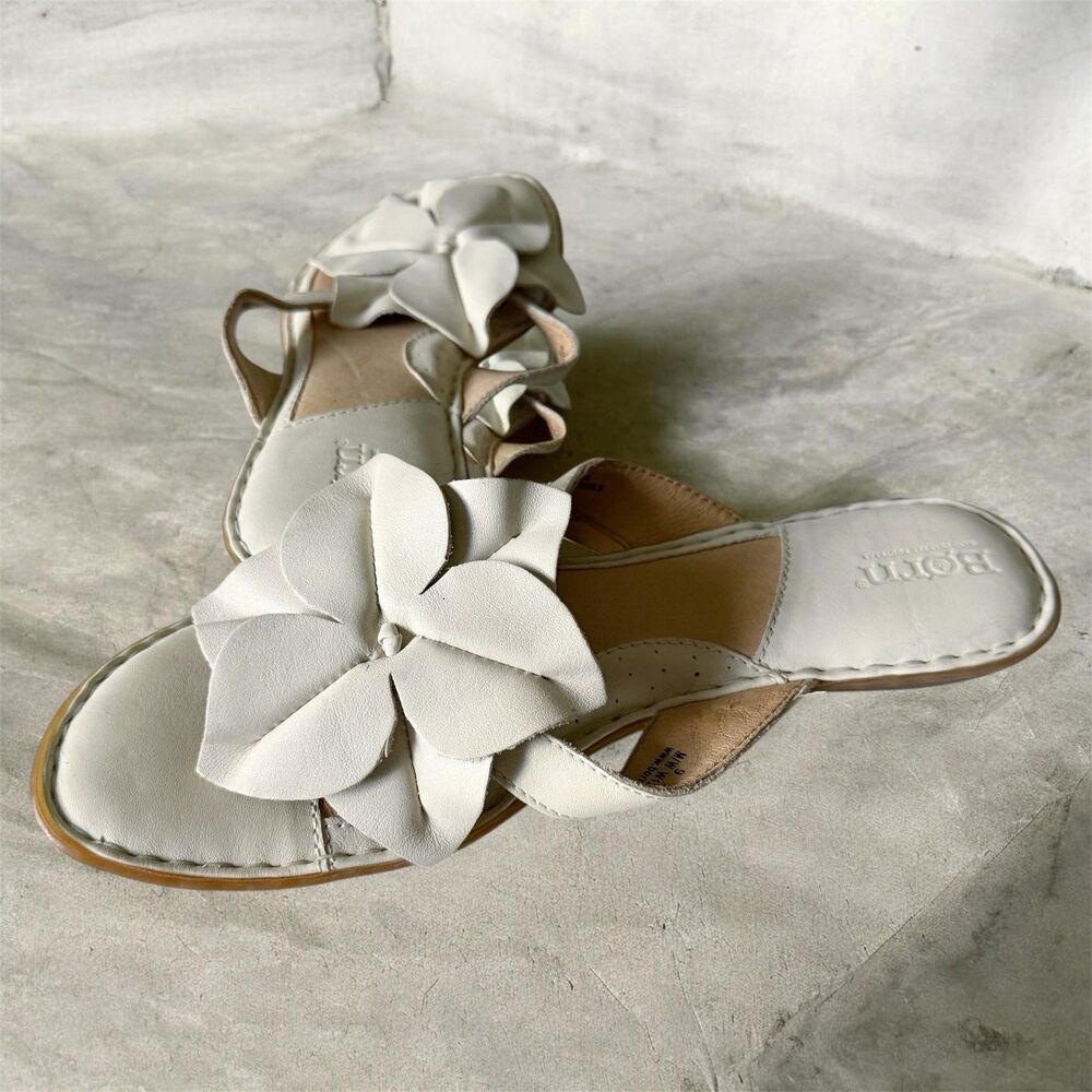 Born Leather 3D Flower Petal Thong Sandals Women Fairy Floral 9 Cream Ivory Beig